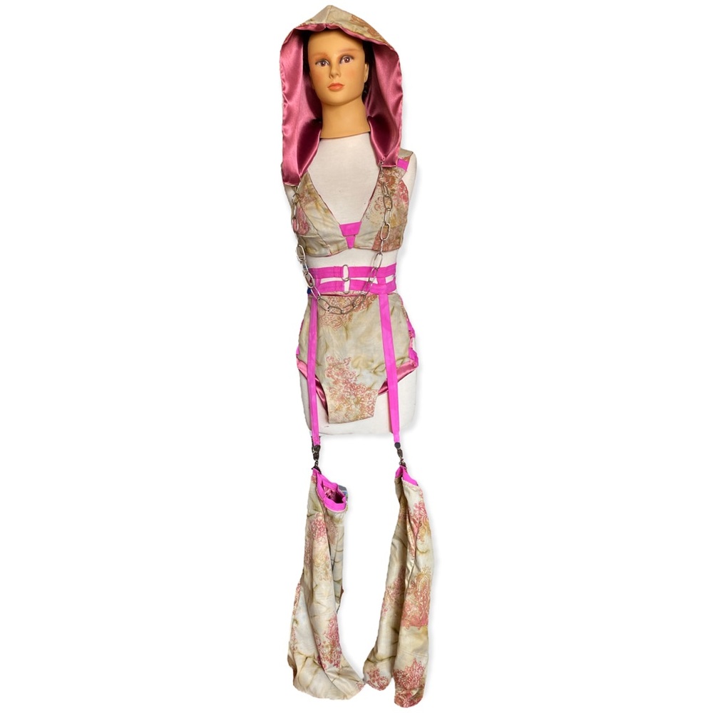 Handmade Womens Strappy Sexy Rave Hood Festival Outfit Set Reversible Pink